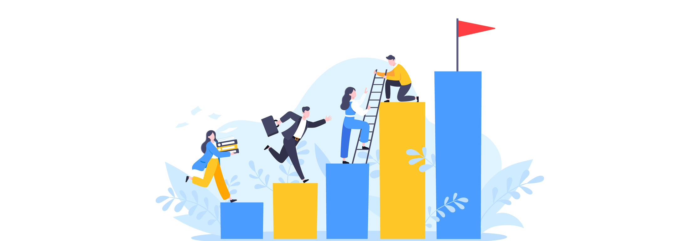 illustrative image of office people climbing on different size cylinders